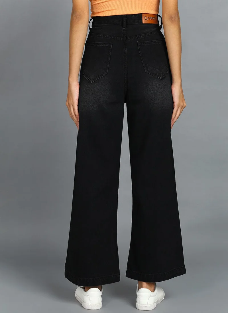 Urbano Fashion  Urbano Fashion Women's Dark Grey Regular Fit Wide Leg Washed Jeans for Women | Best Price UAE